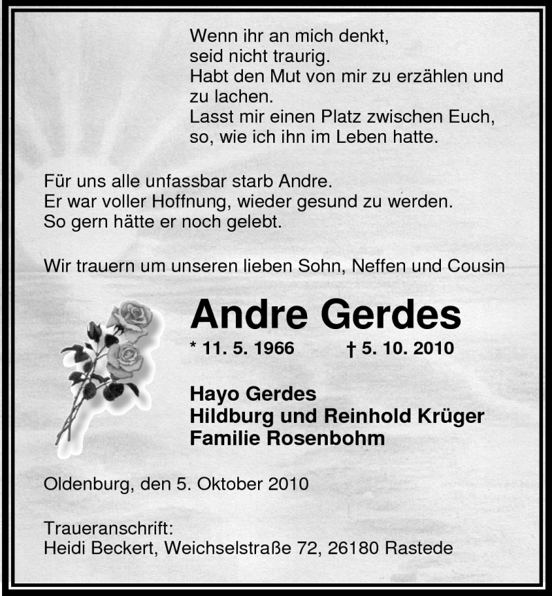 Traueranzeige für Andre Gerdes vom 07.10.2010 aus Nordwest-Zeitung