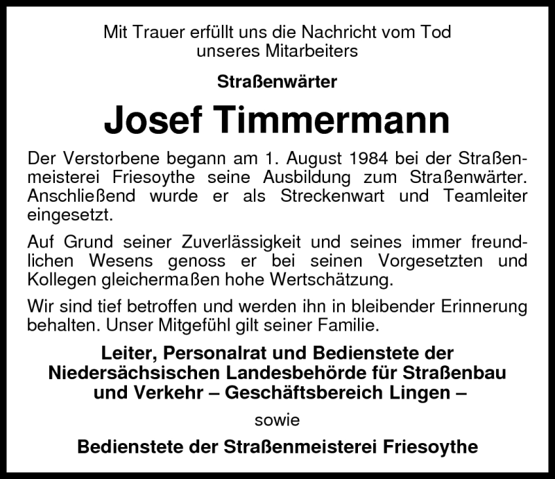  Traueranzeige für Josef Timmermann vom 08.10.2010 aus Nordwest-Zeitung