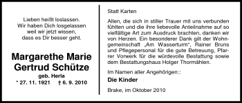 Traueranzeige von Margarete Marie Gertrud Schütze von Nordwest-Zeitung