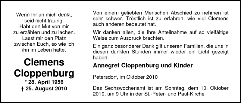 Traueranzeigen von Clemens Cloppenburg | nordwest-trauer.de