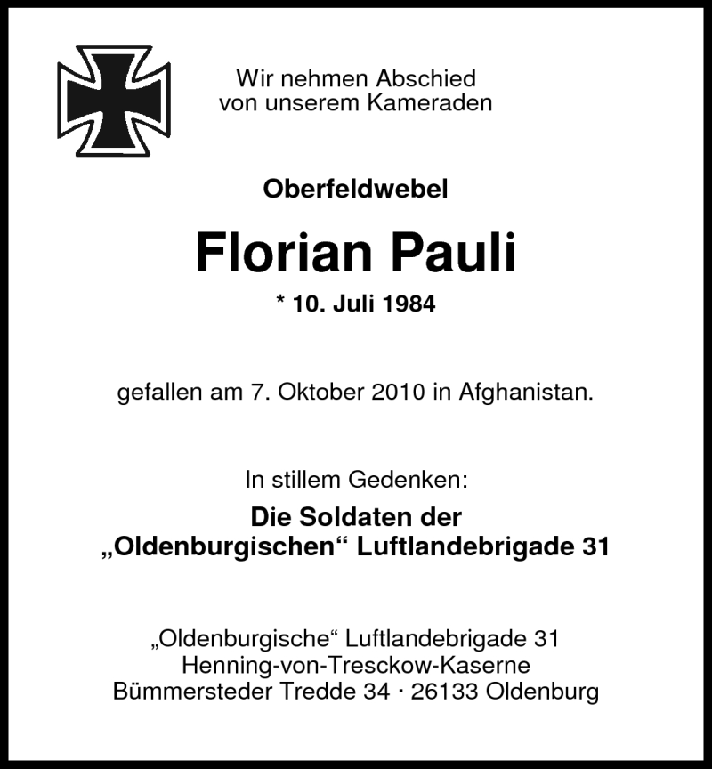  Traueranzeige für Florian Pauli vom 16.10.2010 aus Nordwest-Zeitung