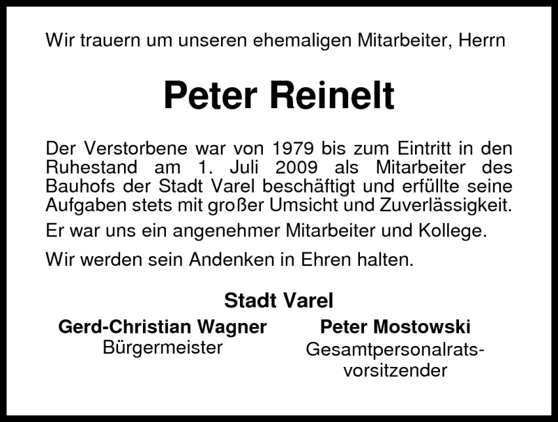  Traueranzeige für Peter Reinelt vom 18.10.2010 aus Nordwest-Zeitung