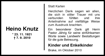 Traueranzeige von Heinz (Heino) Knutz von Nordwest-Zeitung