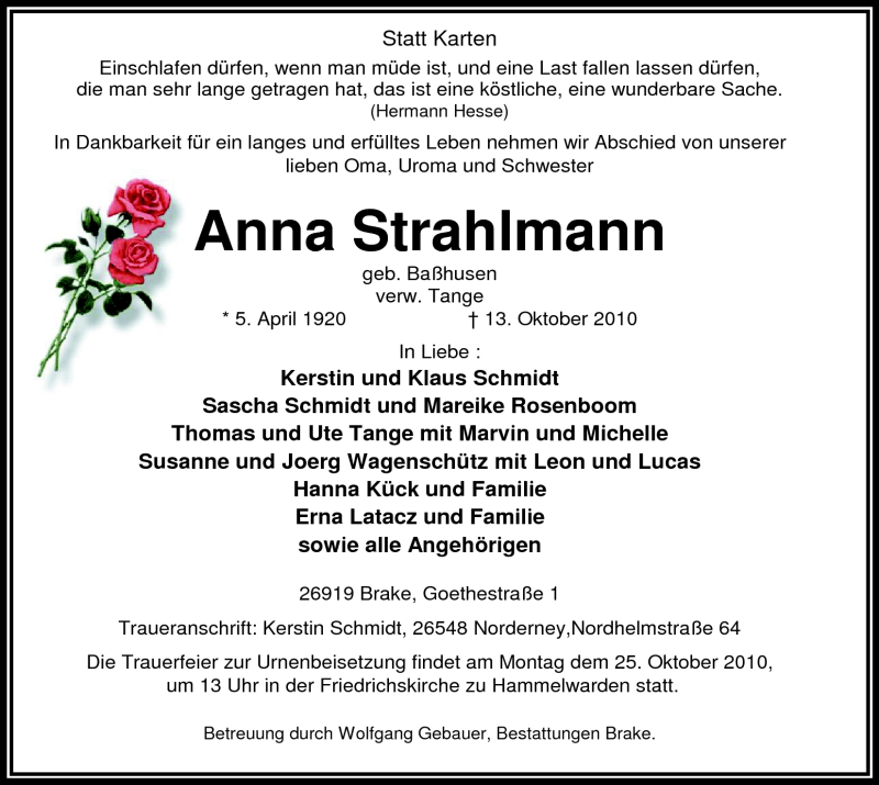  Traueranzeige für Anna Strahlmann vom 20.10.2010 aus Nordwest-Zeitung