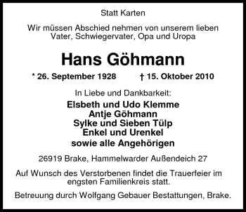 Traueranzeige von Hans Göhmann von Nordwest-Zeitung