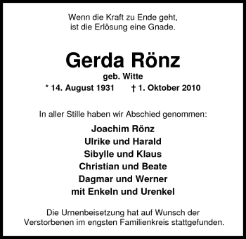 Traueranzeige von Gerda Rönz von Nordwest-Zeitung