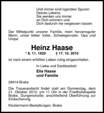 Traueranzeige von Heinz Haase von Nordwest-Zeitung