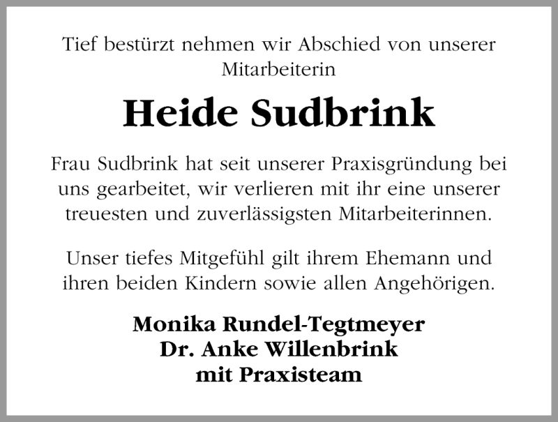 Traueranzeige für Heide Sudbrink vom 21.10.2010 aus Nordwest-Zeitung