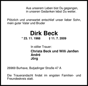 Traueranzeige von Dirk Beck von Nordwest-Zeitung