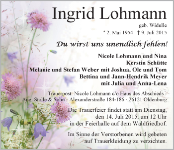 Traueranzeige von Ingrid Lohmann von Nordwest-Zeitung