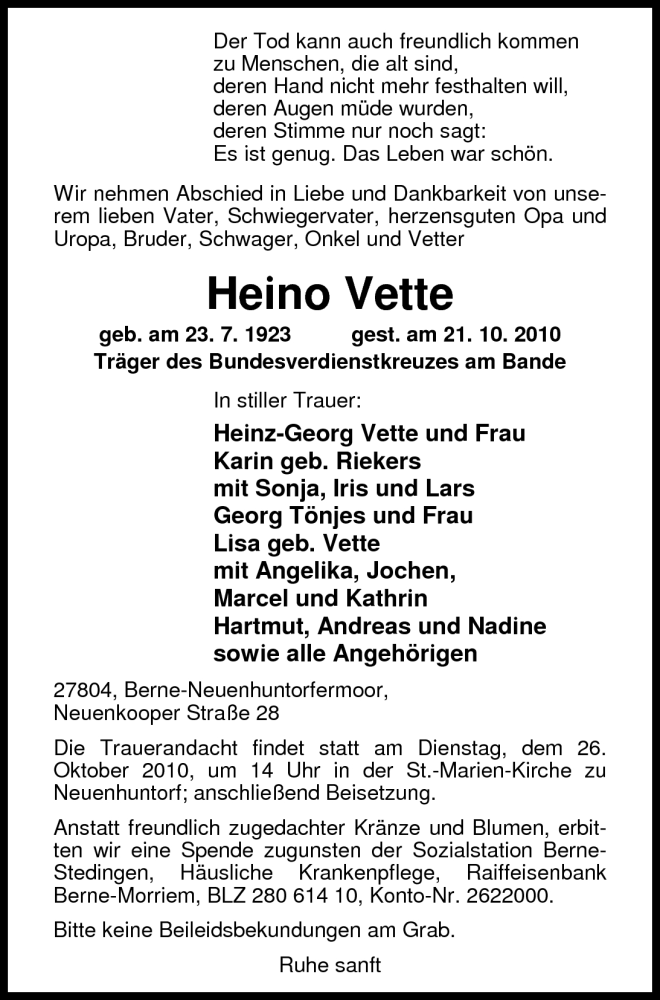  Traueranzeige für Heino Vette vom 23.10.2010 aus Nordwest-Zeitung