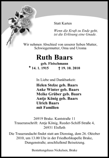 Traueranzeige von Ruth Baars von Nordwest-Zeitung
