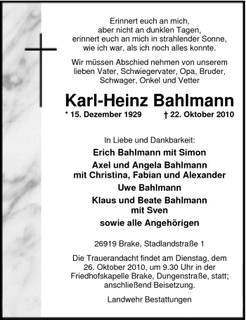 Traueranzeige von Karl-Heinz Bahlmann von Nordwest-Zeitung