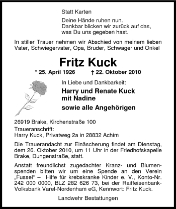 Traueranzeige von Fritz Kuck von Nordwest-Zeitung