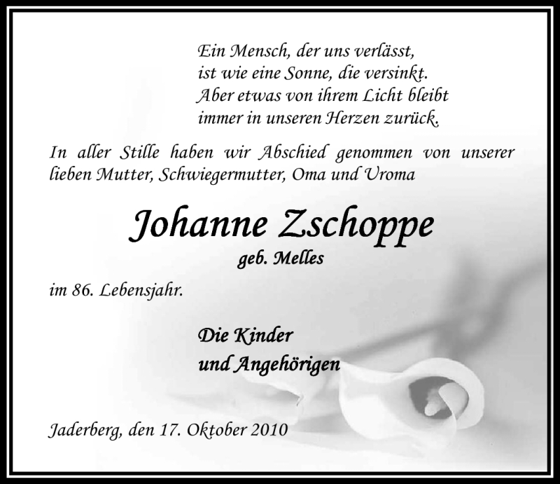  Traueranzeige für Johanne Zschoppe vom 27.10.2010 aus Nordwest-Zeitung