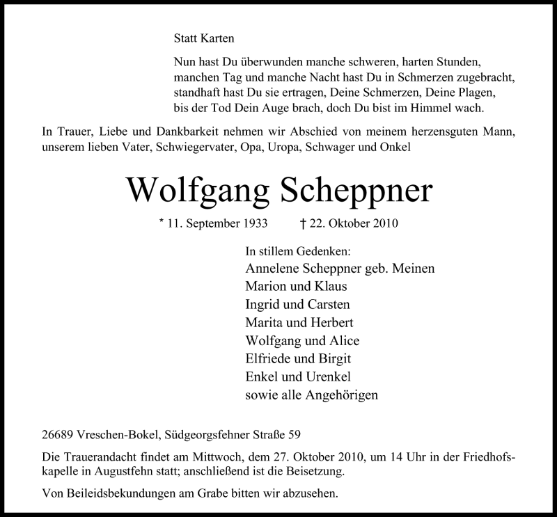  Traueranzeige für Wolfgang Scheppner vom 25.10.2010 aus Nordwest-Zeitung