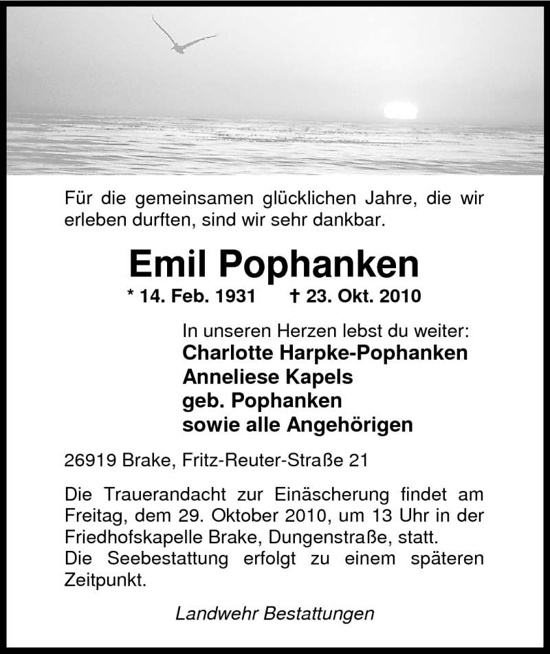  Traueranzeige für Emil Pophanken vom 27.10.2010 aus Nordwest-Zeitung