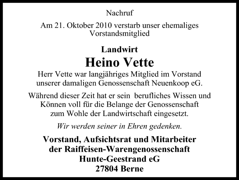  Traueranzeige für Heino Vette vom 26.10.2010 aus Nordwest-Zeitung