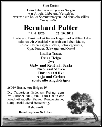 Traueranzeige von Bernhard Pulter von Nordwest-Zeitung