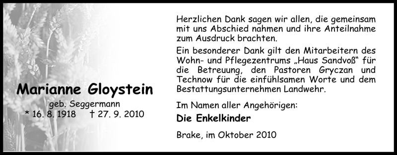  Traueranzeige für Marianne Gloystein vom 30.10.2010 aus Nordwest-Zeitung