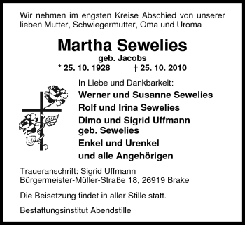 Traueranzeige von Martha Sewelies von Nordwest-Zeitung
