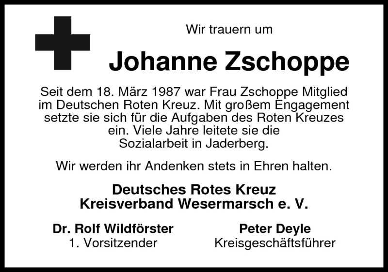  Traueranzeige für Johanne Zschoppe vom 29.10.2010 aus Nordwest-Zeitung