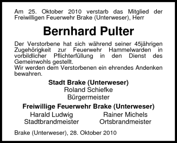 Traueranzeige von Bernhard Pulter von Nordwest-Zeitung