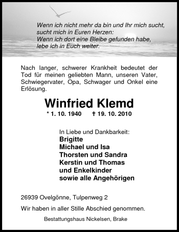 Traueranzeige von Winfried Klemd von Nordwest-Zeitung