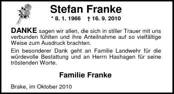 Traueranzeige von Stefan Franke von Nordwest-Zeitung