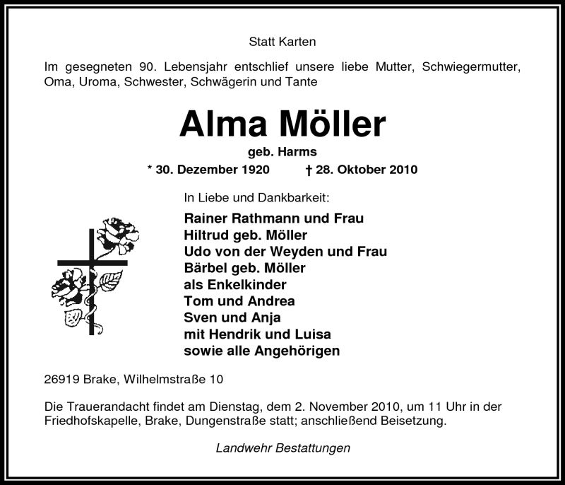  Traueranzeige für Alma Möller vom 30.10.2010 aus Nordwest-Zeitung