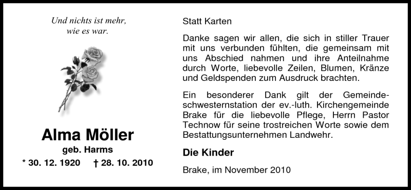  Traueranzeige für Alma Möller vom 20.11.2010 aus Nordwest-Zeitung