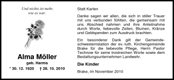 Traueranzeige von Alma Möller von Nordwest-Zeitung