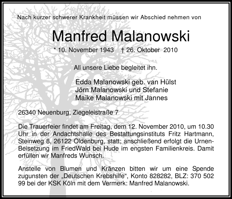  Traueranzeige für Manfred Malanowski vom 30.10.2010 aus Nordwest-Zeitung