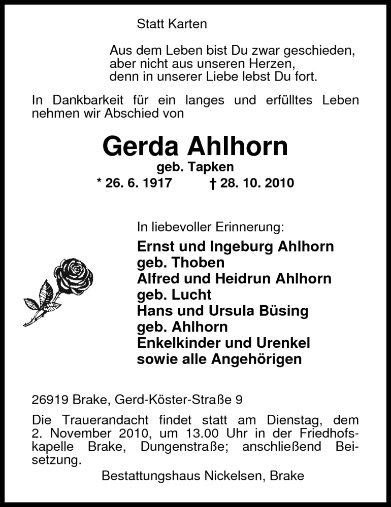  Traueranzeige für Gerda Ahlhorn vom 30.10.2010 aus Nordwest-Zeitung