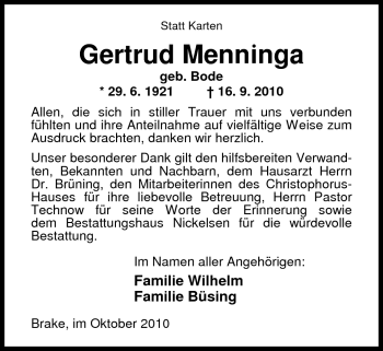 Traueranzeige von Gertrud Menninga von Nordwest-Zeitung
