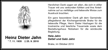 Traueranzeige von Heinz Dieter Jahn von Nordwest-Zeitung