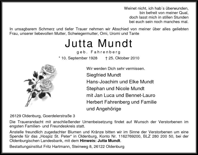  Traueranzeige für Jutta Mundt vom 30.10.2010 aus Nordwest-Zeitung