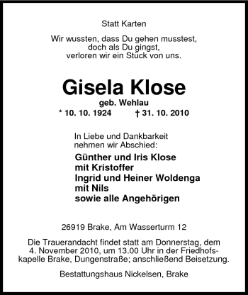 Traueranzeige von Gisela Klose von Nordwest-Zeitung