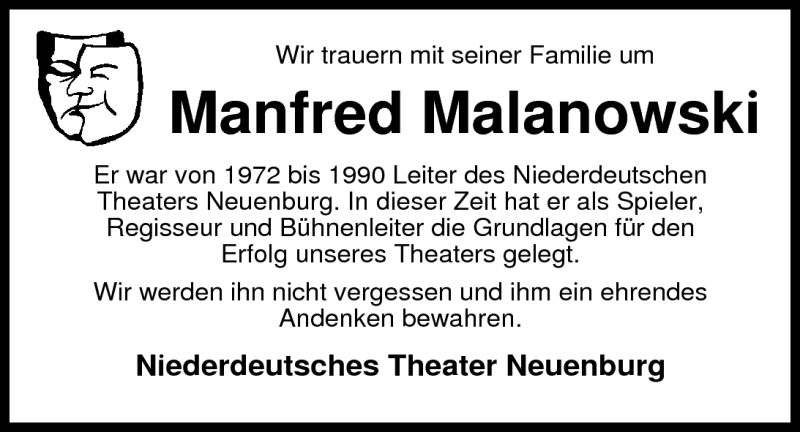  Traueranzeige für Manfred Malanowski vom 02.11.2010 aus Nordwest-Zeitung