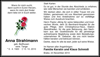 Traueranzeige von Anna Strahlmann von Nordwest-Zeitung