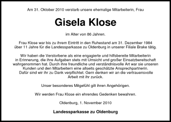 Traueranzeige von Gisela Klose von Nordwest-Zeitung