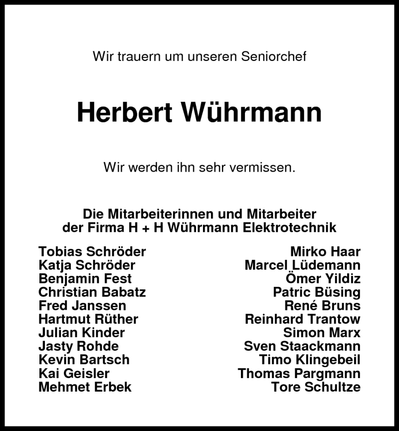  Traueranzeige für Herbert Wührmann vom 02.11.2010 aus Nordwest-Zeitung