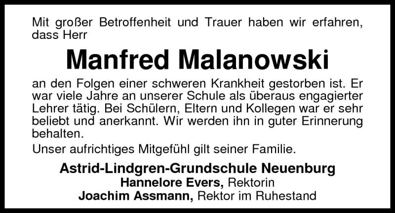  Traueranzeige für Manfred Malanowski vom 03.11.2010 aus Nordwest-Zeitung