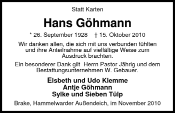 Traueranzeige von Hans Göhmann von Nordwest-Zeitung