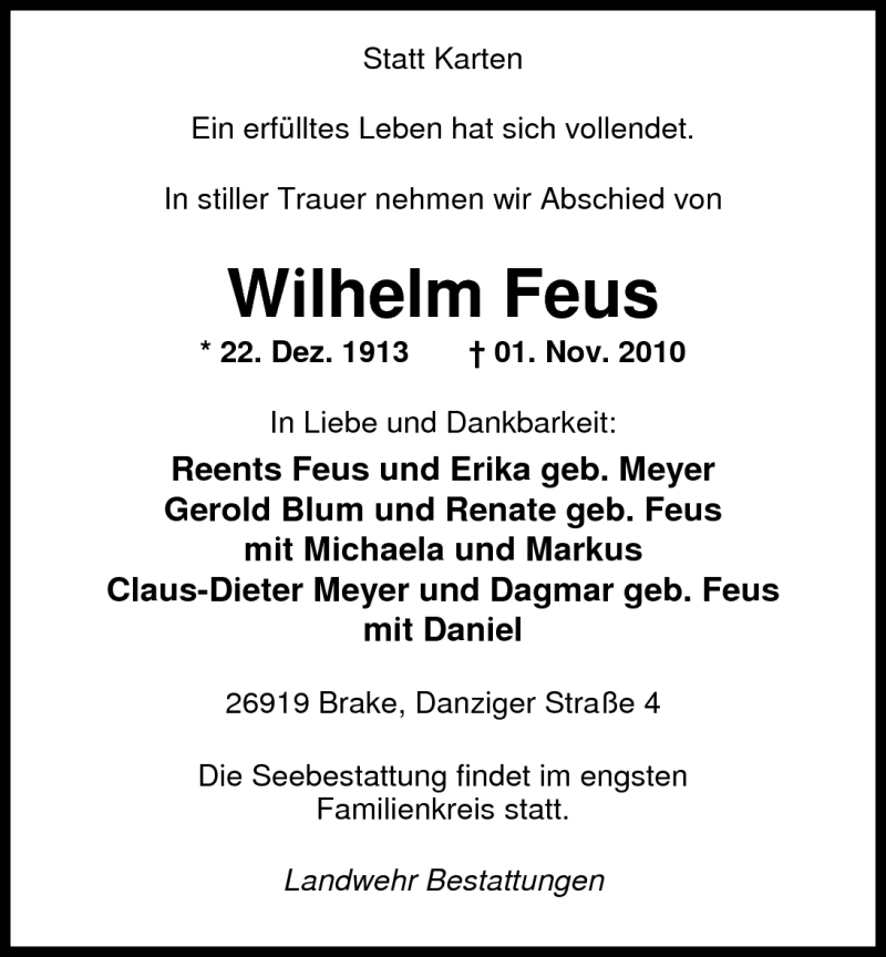  Traueranzeige für Wilhelm Feus vom 05.11.2010 aus Nordwest-Zeitung