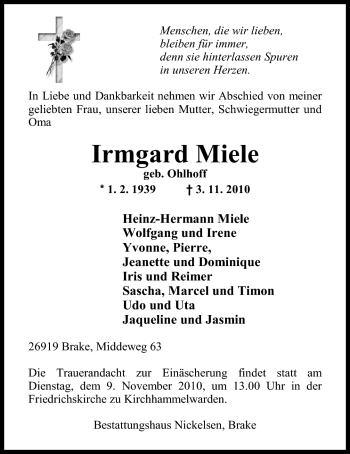Traueranzeige von Irmgard Miele von Nordwest-Zeitung