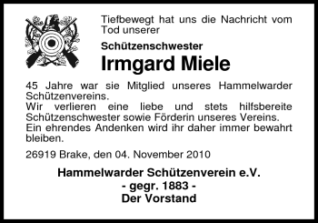 Traueranzeige von Irmgard Miele von Nordwest-Zeitung