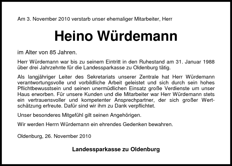  Traueranzeige für Heino Würdemann vom 26.11.2010 aus Nordwest-Zeitung