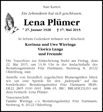 Traueranzeige von Lena Plümer von Nordwest-Zeitung