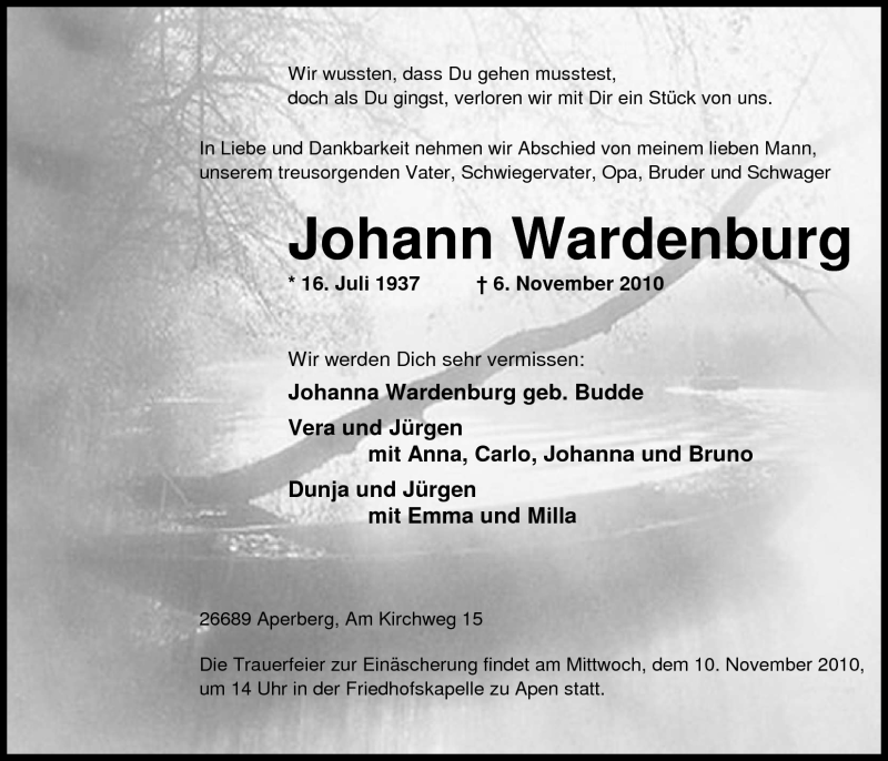  Traueranzeige für Johann Wardenburg vom 08.11.2010 aus Nordwest-Zeitung
